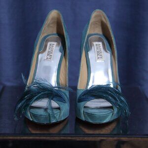 Badgley Mischka Ginnie Teal Suede Peep Toe Peacock Feather Pump 8.5